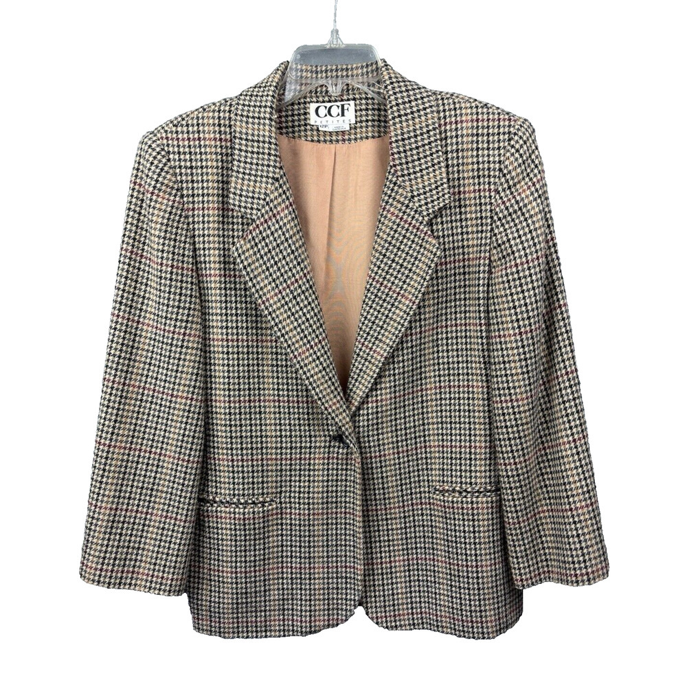 Cross Country Fashions Plaid Houndstooth Blazer Womens 12P Brown Wool Blend